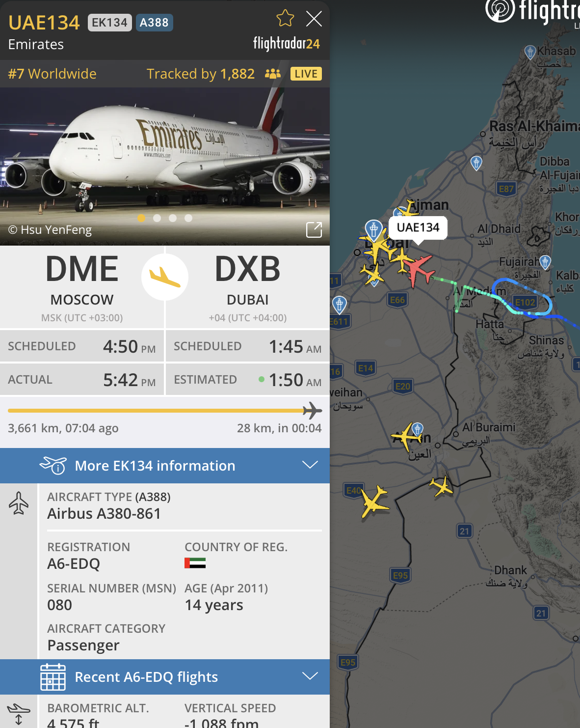 Flightradar24 showing one of the day’s most tracked flights, #7 out of the top 10. 