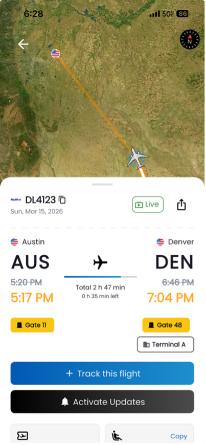 Flights25 flight tracking displays an updated arrival time in comparison.