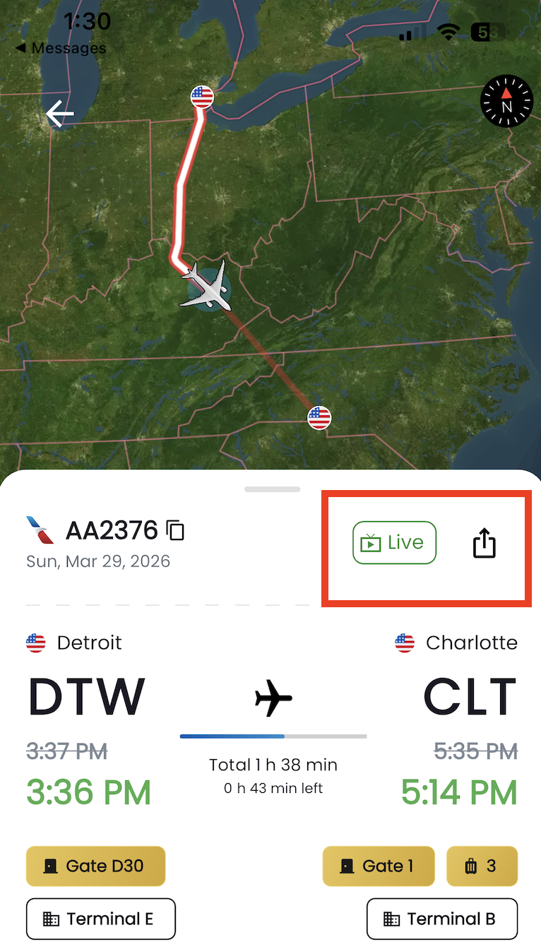 Keep your friends and family in the loop by sharing your live flight tracking. 