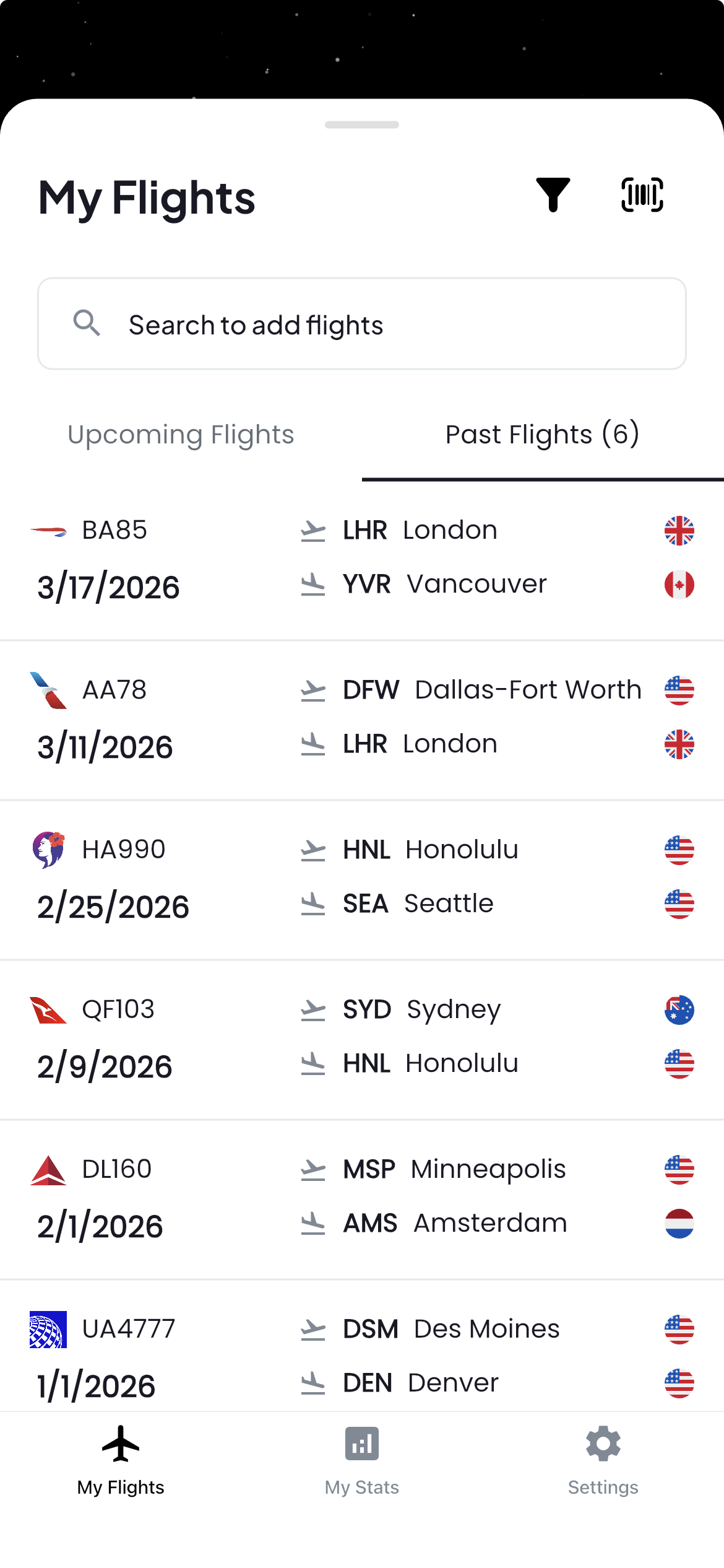 lights25 organizes your past flights by date for clear and easy access. Your flights can also be viewed on a global map. There is a manual addition option with historic flight information dating back to 2011. 