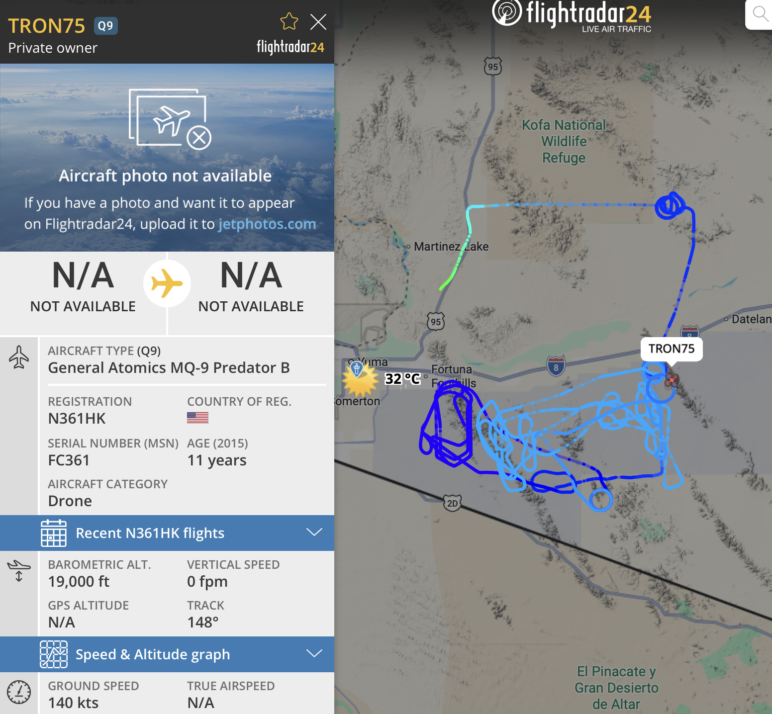 Live tracking of an MQ-9 Predator. 