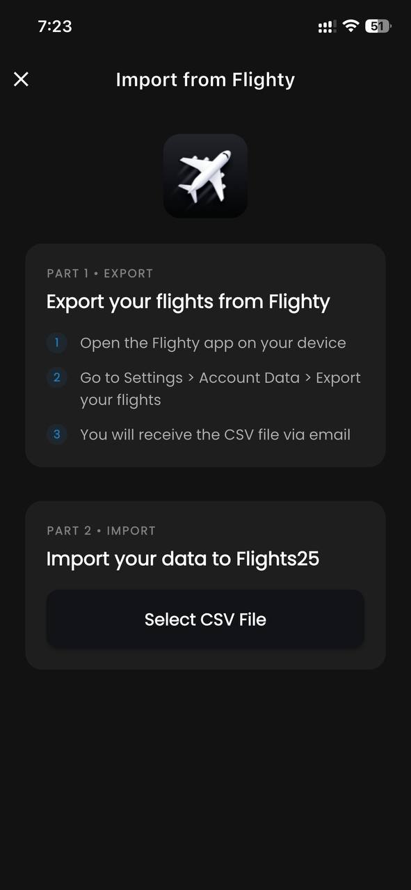 Flights25 Import Screen